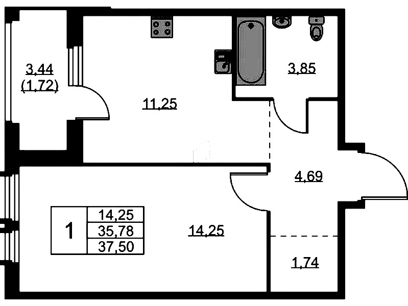 1-комнатная квартира 37.5 м², 5/15 эт., ЖК «GloraX Парголово»